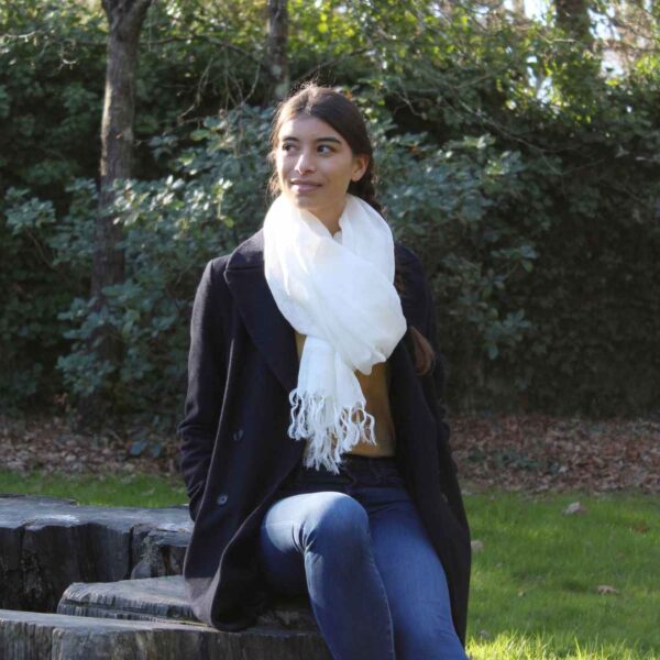 model wearing linen scarves